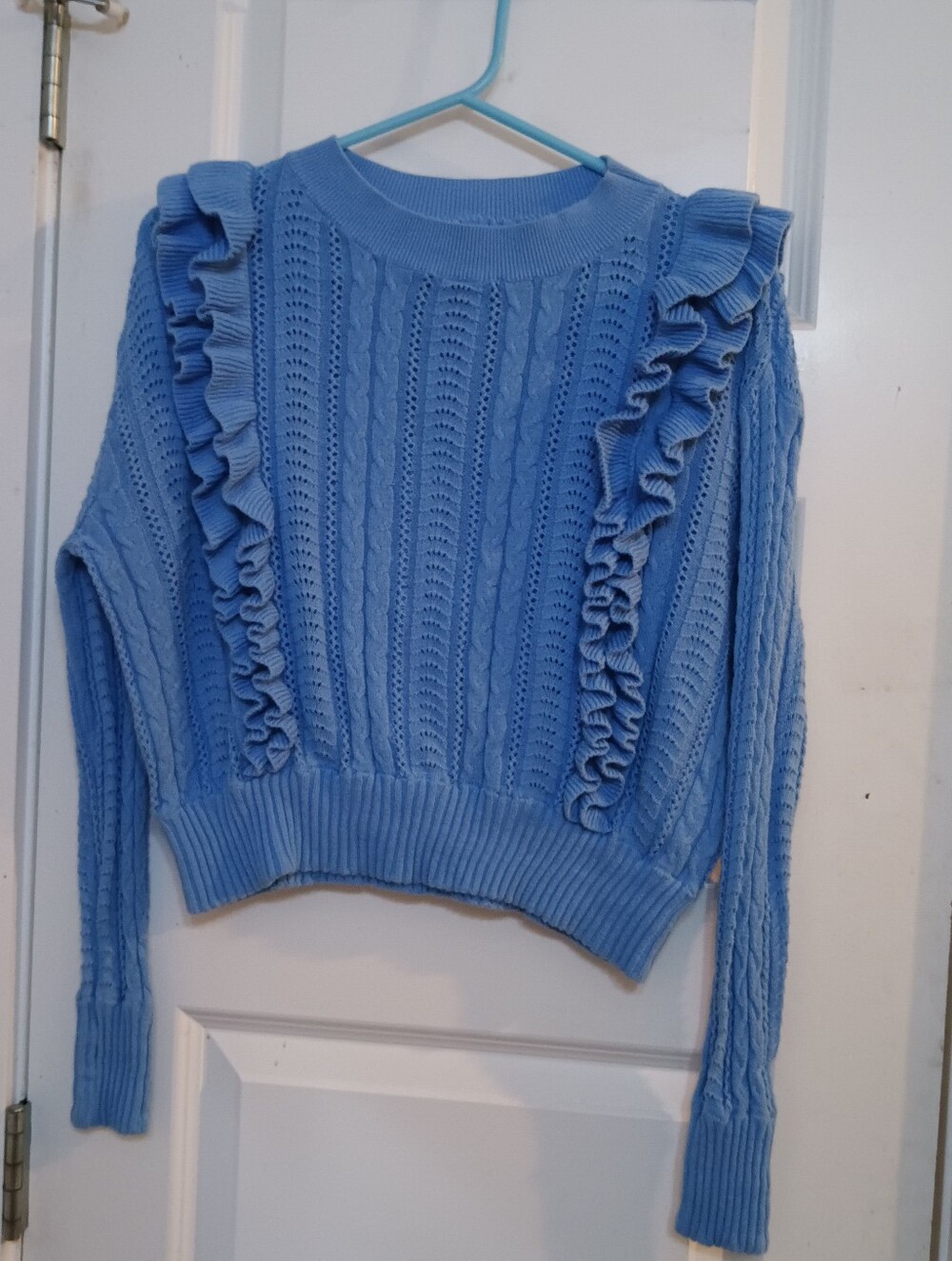 Blue Rain Sky Blue Ruffle Cable Crewneck Sweater